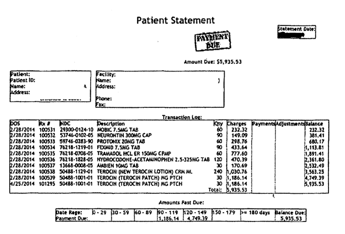 patient's bill showing lists of medications, quantities, and charges